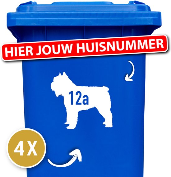 Klikostickers - kliko sticker voordeelset - 4 stuks - Bouvier - container sticker huisnummer - wit - vuilnisbak stickers - container sticker hond - cadeau