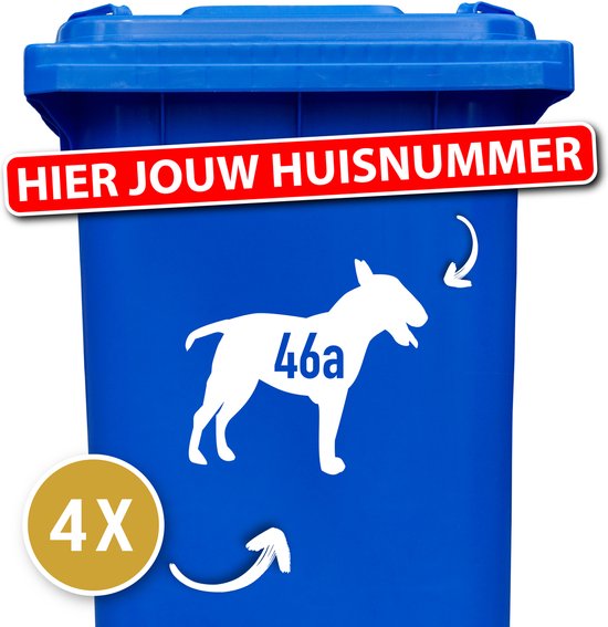 Bull Terrier - Hond - Vinyl - Huisnummer - Kliko - Container Sticker - 4 Stuks - Wit - 12345678910 - cadeau