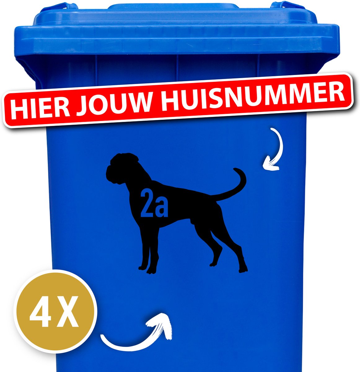 Container sticker - klikostickers - kliko sticker voordeelset - 4 stuks - Boxer met staart - container sticker huisnummer - zwart - vuilnisbak stickers - container sticker hond