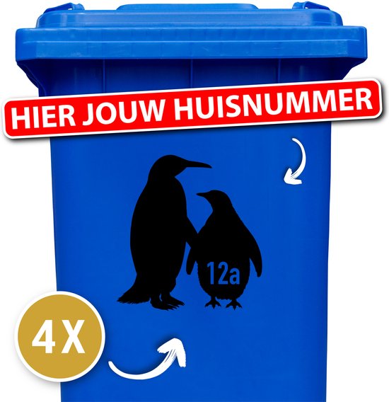 Container sticker Pinguins met Huisnummer 4 stuks - 19 x 20 cm - Kleur: Zwart - Klikostickers - Stickers volwassenen - Cijfer stickers - Container stickers - sticker - stickers - cadeau - 12345678910