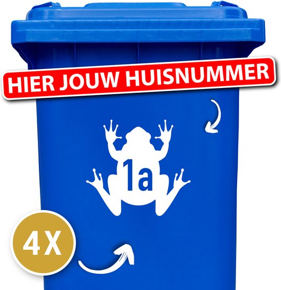 Container sticker - Container Sticker Huisnummer - Variant: Kikker - Kleur: Wit - Aantal: 4 Stuks - Stickers volwassenen - Cijfer stickers - Container stickers - sticker - stickers