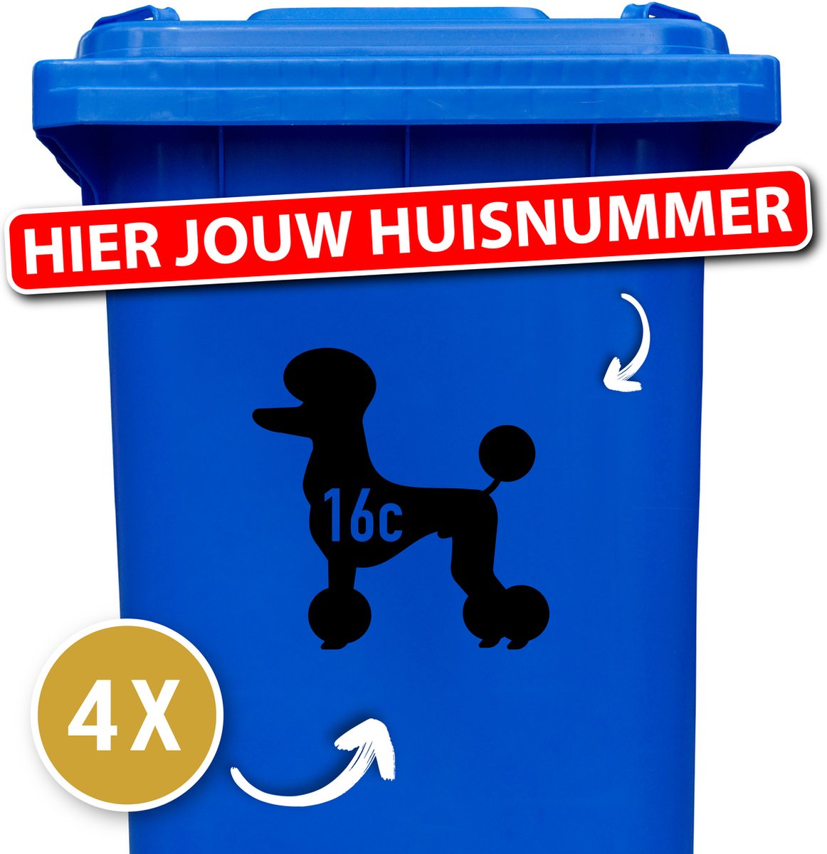 Container sticker - klikostickers - kliko sticker voordeelset - 4 stuks - Poedel - zwart - container sticker huisnummer - hond