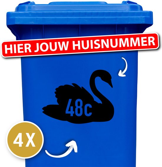 Container Sticker Zwaan met Huisnummer 4 stuks - Kleur: Zwart - 12345678910 - Stickers volwassenen - Cijfer stickers - Container stickers - Sticker - Stickers - Cadeau - Kliko stickers - cadeau