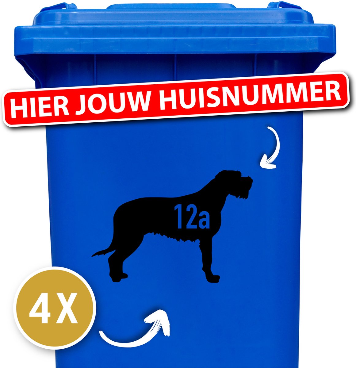 Klikostickers - kliko sticker voordeelset - 4 stuks - Ierse Wolfshond - container sticker huisnummer - zwart
