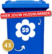 Container sticker - 4 delige voordeelset - bloem / flower met huisnummer - 20 x 24 cm - wit - kliko sticker - afvalcontainer - kliko sticker voordeelset - klikostickers - huisnummer sticker - huisnummers - weerbestendige stickers