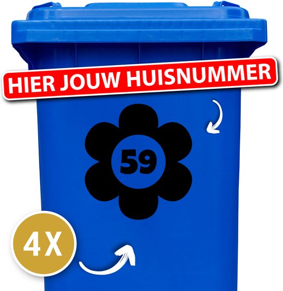 Container sticker - 4 delige voordeelset - bloem / flower met huisnummer - 20 x 24 cm - zwart - kliko sticker - afvalcontainer - kliko sticker voordeelset - klikostickers - huisnummer sticker - huisnummers - weerbestendige stickers