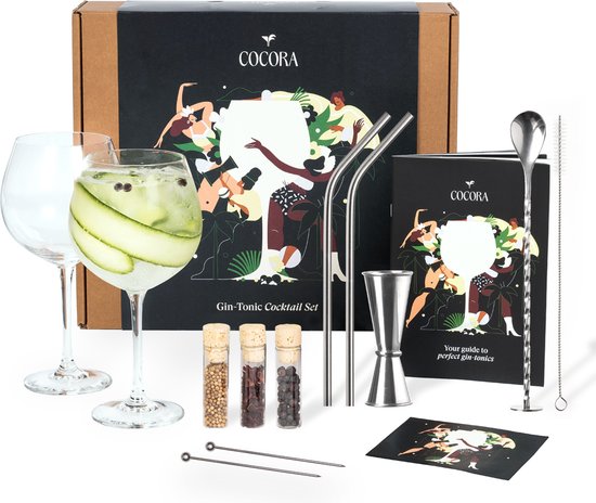 Cocora Gin Tonic Geschenkset - 12-delige RVS Cocktail Set - Tritan® Kristalglazen - Nederlandstalig Cocktail Boek - Vaderdag Cadeau - Geschenk - Cadeaupakket voor hem - Vader - Zilver