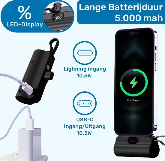 ISHIVA Mini Powerbank 5000 mAh - Chargeur rapide Samsung - Écran LED- USB-C & Lightning - adapté pour iPhone 15 - Taille compacte - Zwart