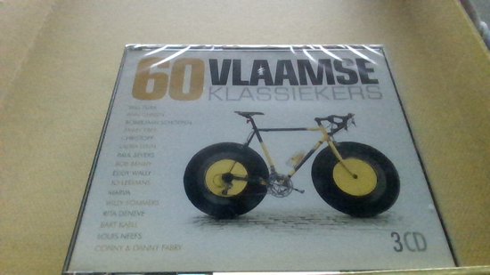 CD-hoes met de titel '60 Vlaamse Klassiekers' en een illustratie van een racefiets met gele velgen.