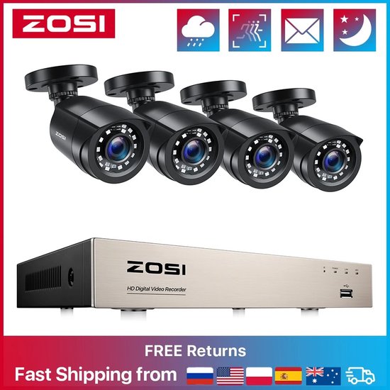 ZOSI 4X Full HD 1080p Dome Videobewakingscamera Set met Kabel en Voeding, 24M IR Nachtzicht