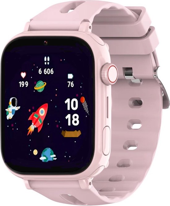 Roze kinder smartwatch met ruimte-thema wijzerplaat: astronaut, raket, planeten.