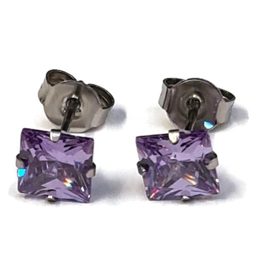 Aramat jewels ® - Vierkante oorbellen zirkonia zweerknopjes lila chirurgisch staal 6mm