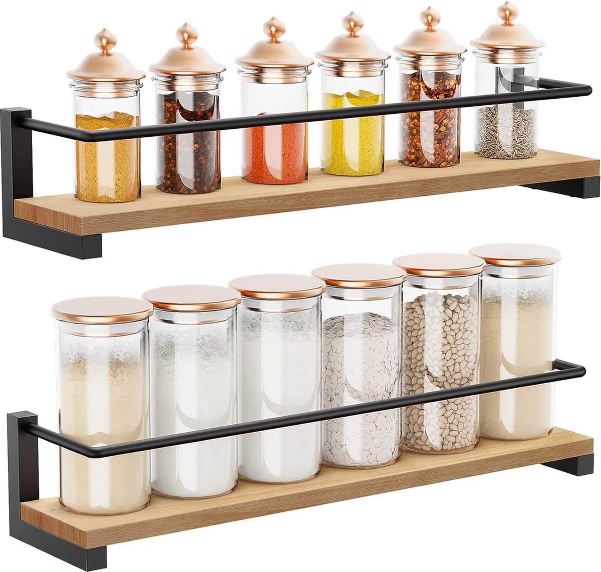 Houten Kruidenrek in 2-delige set Wandmontage Hangende Keukenorganizer voor Kruiden Potten Keuken Kookgerei Opbergplank 40x9x7cm