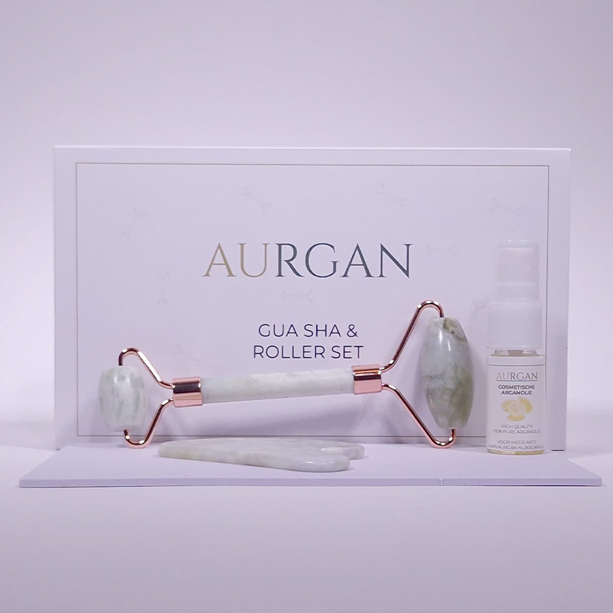 Aurgan Milk Jade Roller met Milk Jade Gua Sha steen - inclusief 10ml arganolie - massage - Stimuleert doorbloeding - Anti rimpel massage - melkjade
