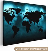 Canvas Wereldkaart - 80x60 - Wanddecoratie Wereldkaart - Zwart - Blauw