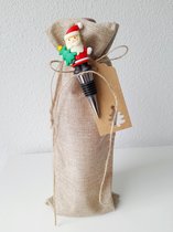 Wijnfleszak met wijnafsluiter - jute look - beige - kerstman - Kerst - wijnfles afsluiter - cadeauverpakking fles