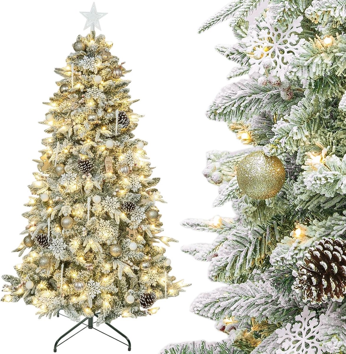 Kunstkerstboom met verlichting, 180 cm, met sneeuw en 91 kerstballen, metalen standaard