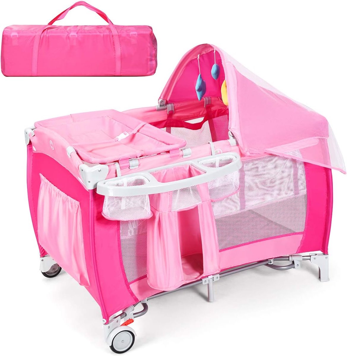 Image of 4-in-1 inklapbaar reisbed & babywieg & luiertafel & box met schommelfunctie, incl. speelboog, aankleedkussen, matras, luierorganizer en draagtas (roze)