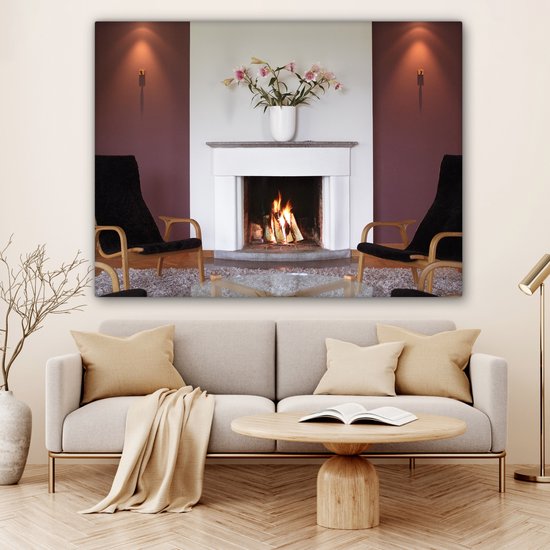 Une cheminée dans un salon 160x120 cm - Tirage photo sur toile (Décoration murale salon / chambre) XXL / Grand format!