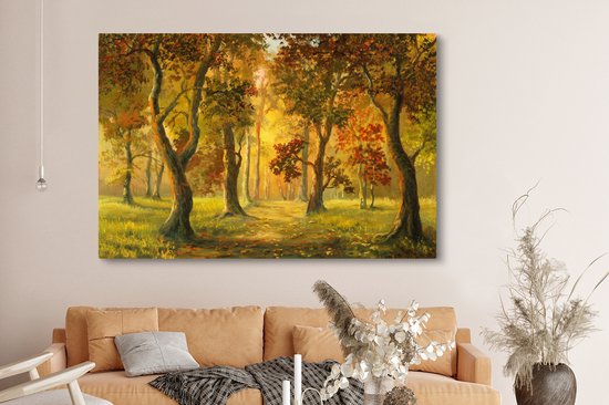 Une illustration d'une forêt au soleil d'automne sur toile 180x120 cm - Tirage photo sur Toile (Décoration murale salon / chambre) / Arbres Peintures sur toile XXL / Groot format!