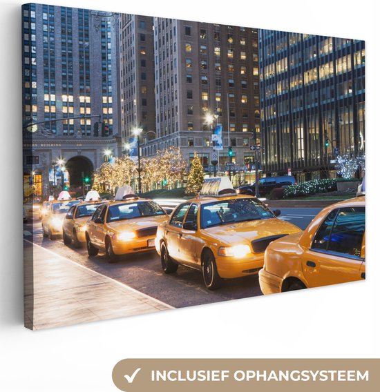 Canvas Schilderij New York - Taxi - Nacht - 90x60 cm - Wanddecoratie