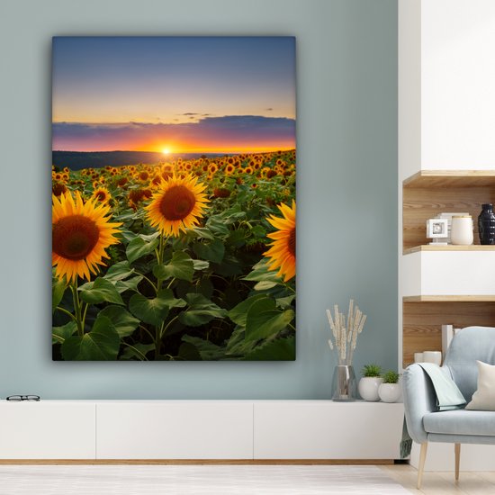 Peinture sur toile - Photo sur toile - Tournesol - Fleurs - Nuages - Ciel - Lumière du soleil - Décoration de chambre - Fleurs sur toile - 120x160 cm - Chambre