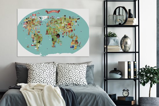 Une illustration de bande dessinée d'une carte du monde avec des chiffres sur toile 140x90 cm - Tirage photo sur toile (Décoration murale salon / chambre)