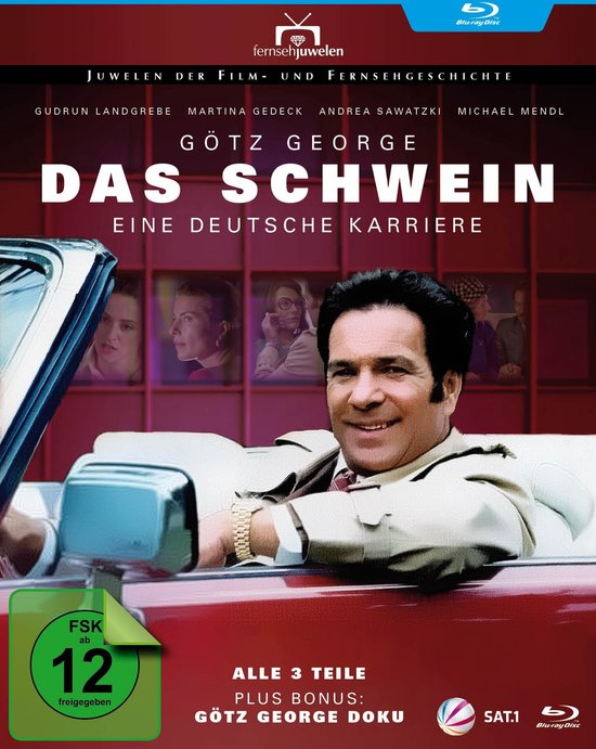 Blu-ray hoes van Das Schwein met Götz George in een rode cabrio, inclusief 3 delen en bonusdocumentaire.