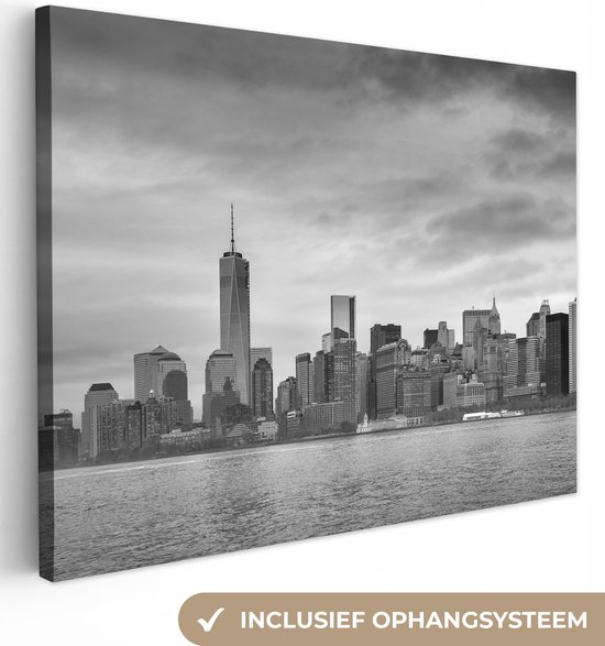 Canvas schilderij 160x120 cm - Wanddecoratie Manhattan New York in zwart-wit - Muurdecoratie woonkamer - Slaapkamer decoratie - Kamer accessoires - Schilderijen