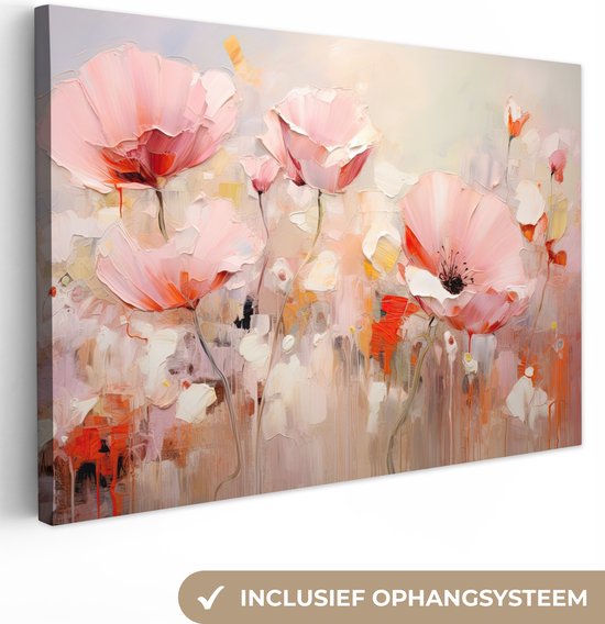 Canvas schilderij bloemen 90x60 cm - Abstracte kunst handgeschilderd - Huis decoratie woonkamer kleurrijk watercolor - Keuken muur schilderijen - Wanddecoratie roze accessoires - Kamer interieur decoraties - Wanddoek natuur botanisch