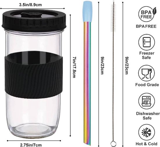 AUTOWNLUX 2 stuks 600 ml geribbelde glazen bekers met deksel en rietje, smoothiebeker van glas, luchtdicht en waterdicht design, ideaal als koffie AUTOWNLUX 2 stuks 600 ml geribbelde glazen bekers met deksel en rietje, smoothiebeker van glas, luchtdicht en waterdicht design, ideaal als koffie