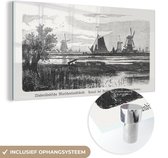 MuchoWow® Glasschilderij 160x80 cm - Schilderij acrylglas - Een zwart-wit illustratie van een moerasland nabij Dordrecht - Foto op glas - Schilderijen