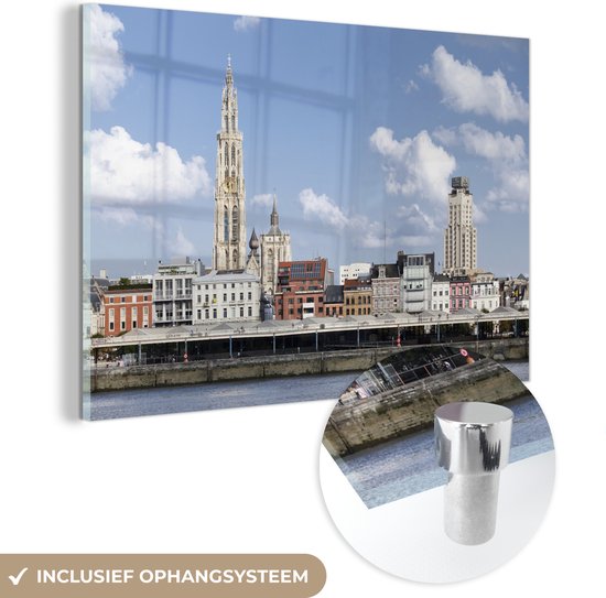 MuchoWow® Glasschilderij 180x120 cm - Schilderij acrylglas - Architectuur - Water - Antwerpen - Foto op glas - Schilderijen
