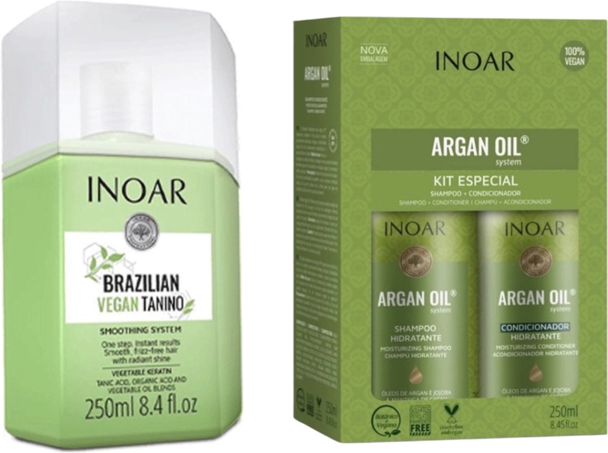 Inoar Tanino Brazilian Vegan Lissage BRÉSILIEN sans formadéhyde & Inoar Argan Oil Keratine Treatment Keratin Shampoo & Conditioner 2x250ml