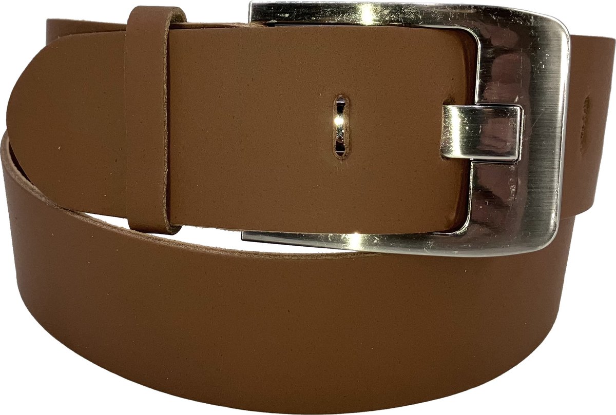 100% Zware Leren Jeans Riem, 5 cm. breed, Taillemaat 90 cm. Cognac.