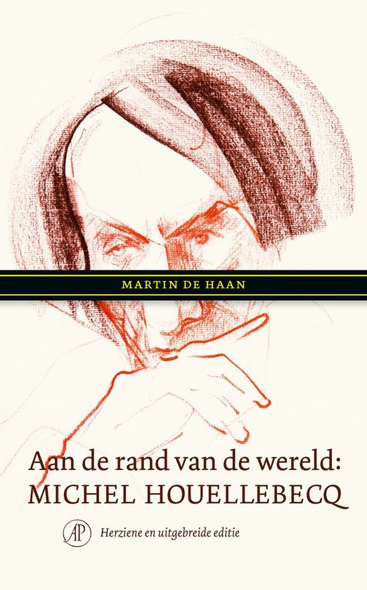 Potloodschets van Michel Houellebecq, met rode accenten. "MARTIN DE HAAN" staat in gouden letters op een zwarte band.