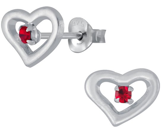 Joy|S - Zilveren hartje oorbellen - 9x8 mm - kristal rood