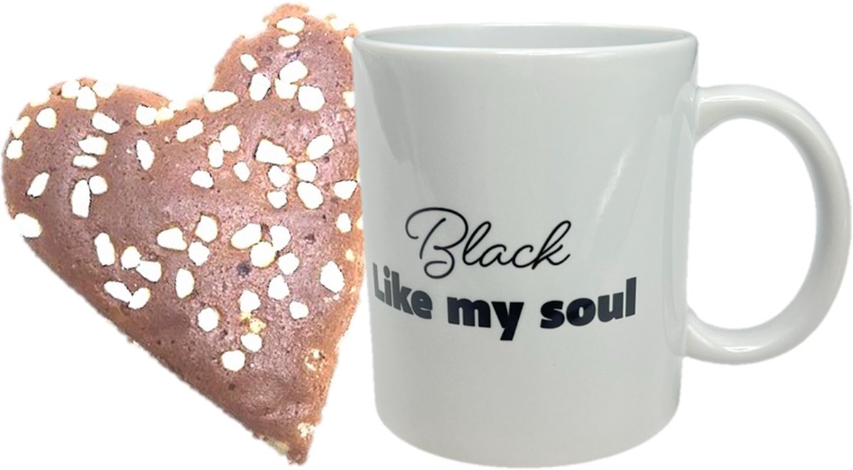 Gourmetfood -Koffiemok BLACK LIKE MY SOUL + peperkoek hart - kerstpakket - geschenk -