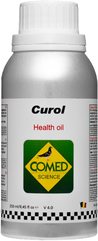 Aluminium fles Curol Health oil, 250 ml. Met groen COMED SCIENCE logo met een vogel.