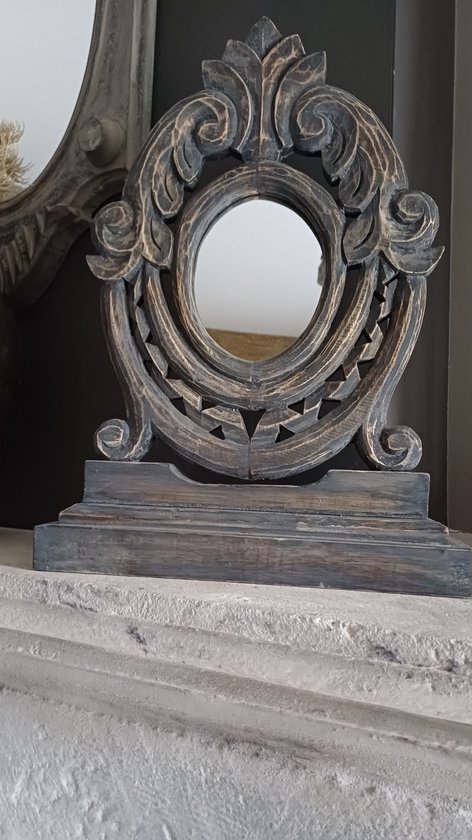 spiegel ossenoog met voet decoratie houtsnijwerk