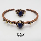 Natuurlijke Koperen Armband en Ring Set met Lapis Lazuli Steen - Origineel Sieraden Ontwerp