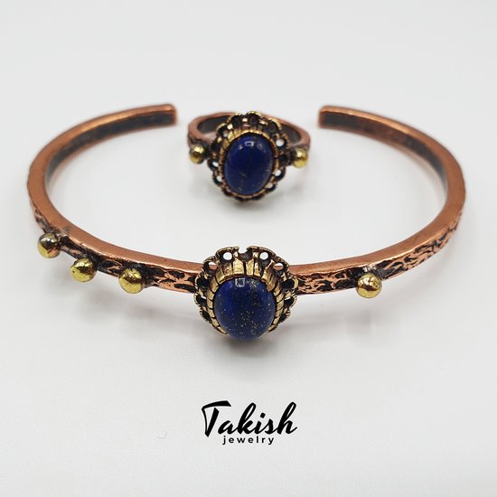 Natuurlijke Koperen Armband en Ring Set met Lapis Lazuli Steen - Origineel Sieraden Ontwerp