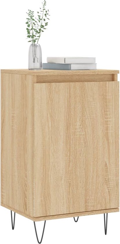 Dressoir met eikenprint, boeken op bovenkant, zwarte hairpin poten.