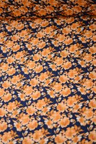 Viscose donkerblauw met oranje bloemetjes 1 meter - modestoffen voor naaien - stoffen
