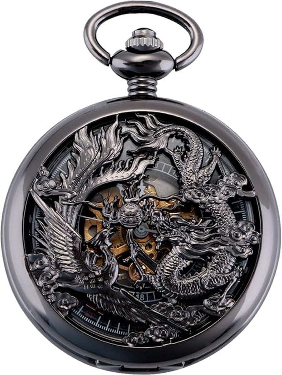 Zakhorloge Lucky Dragon & Phoenix vintage mechanische steampunk skelet Romeinse cijfers zwart fob horloge met ketting voor mannen vrouwen
