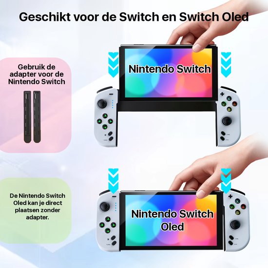 Witte Switch controller gemonteerd op een Nintendo Switch en Nintendo Switch OLED.