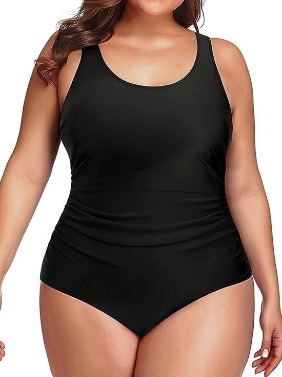 Grote maten Badpak- Corrigerende Zwempak- Dames Badmode Bikini Tankini Zwemkleding- Ruches Slim Fit Zwemkleding Strandkleding Y24-01- Zwart- Maat XXL