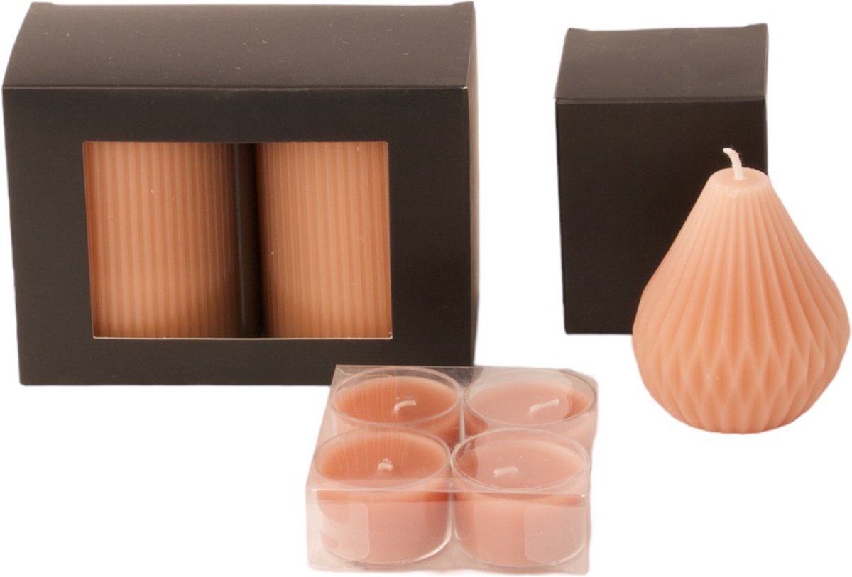 WinQ-Set van 3 stuks verpakkingen assorti kaarsen in de kleur Nut, Stompkaars - Waxinelicht- Kaars geo 9 cm