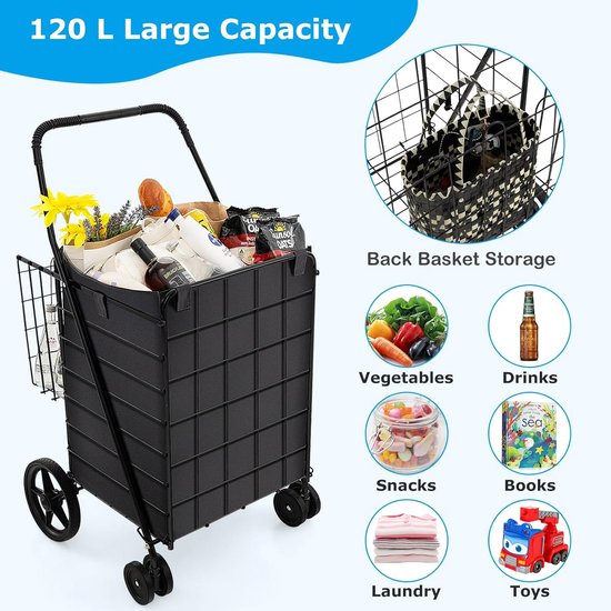 Boodschappentrolley | Boodschappenwagen | Groen | Extra Groot en Sterk | 46 Liter | Stalen Frame | Grote Wielen | Lichtgewicht | Opvouwbaar | Afneembare Boodschappentas | 2 Ritsvakken | Waterafstotend
