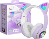 Kinder hoofdtelefoon - kattenoortjes PAARS- NL handleiding-cat headphones- Draadloze koptelefoon Bluetooth met led-Koptelefoon voor Kinderen - Met Led Kat Oortjes | met verlichting poot- Kat oor Koptelefoon draadloze Bluetooth met flitslicht.